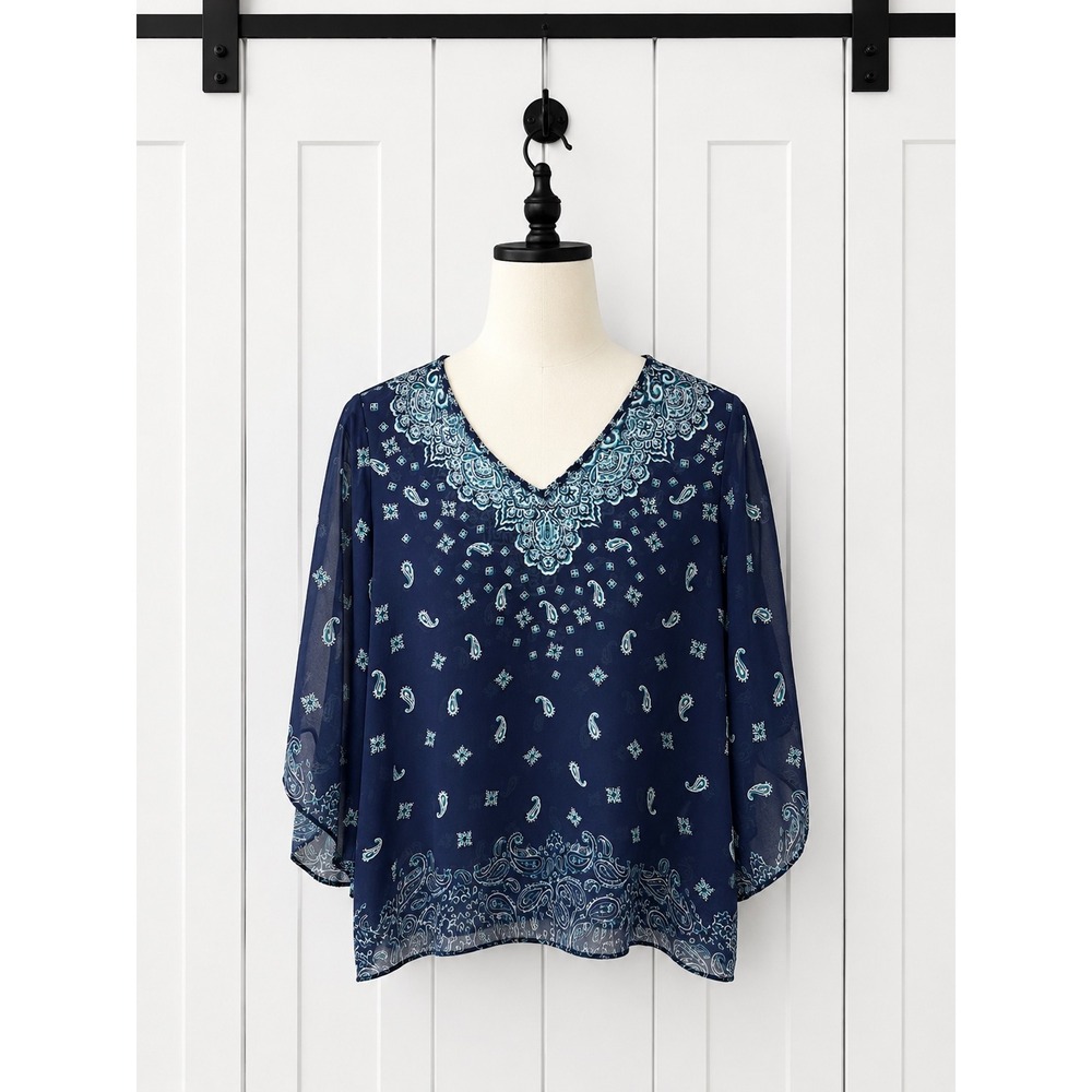Belle by Kim Gravel Blouse Kimono Pulover Top Size Large Navy Blue Paisley Sheer